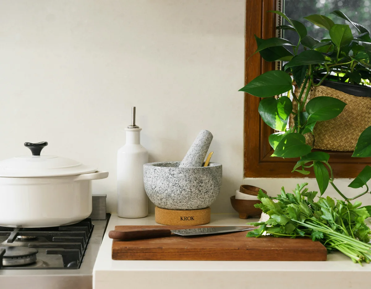 a potted plant sitting on top of a counter next to a knife - affordable ecofriendly kitchen gadgets 2026