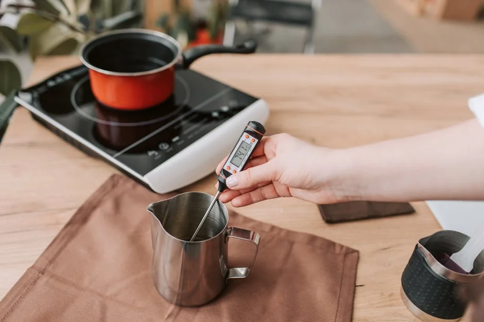 A person measures the temperature of melted wax on an electric stove, highlighting modern craft techniques. - affordable electric kettles with temperature control