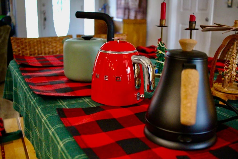 A cozy indoor setting featuring decorative kettles and festive table decor. - affordable electric kettles with temperature control