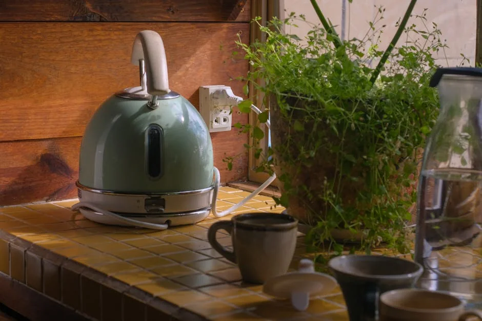 A warm kitchen setup with an electric kettle, potted plant, mugs, and tiled counter. - affordable electric kettles with temperature control