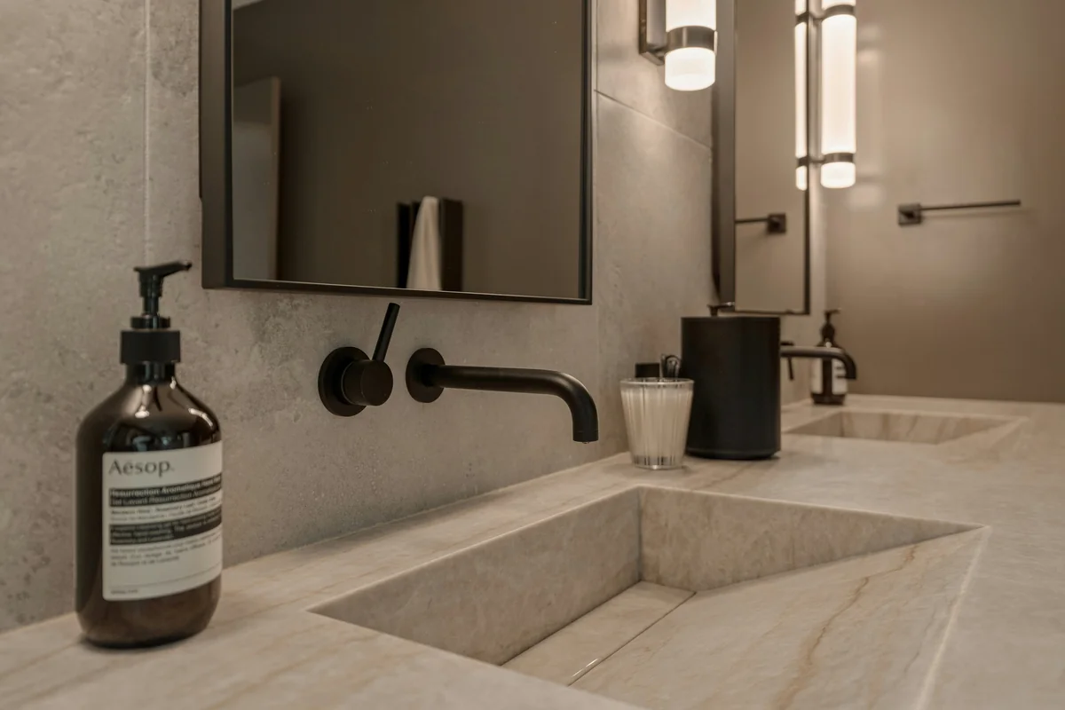 An elevated Palm Springs bathroom remodel blending natural stone, warm wood cabinetry, and spa-inspired lighting. Shot for an architectural designer to showcase luxury renovation details. - best automatic soap dispensers for bathrooms
