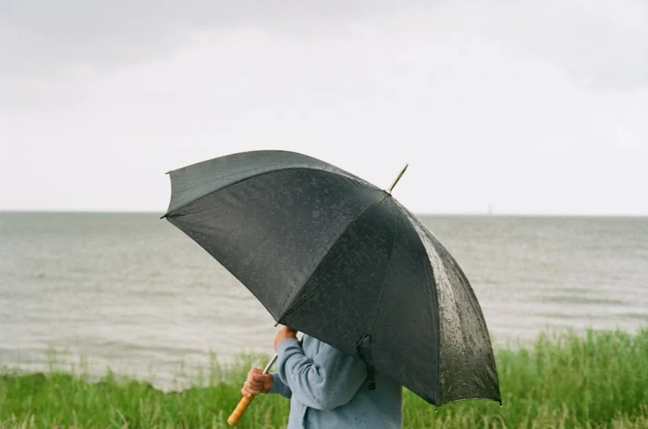 A person stands with an umbrella on the coast during rainy weather. - best compact umbrellas for windy weather