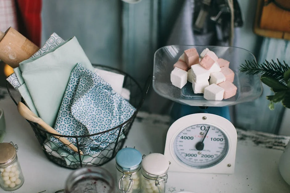 A charming kitchen setup showcasing baking essentials and sugar cubes on a scale. - best digital kitchen scales for precise baking