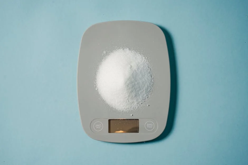 Top view of kitchen scales with electronic display measuring weight of sugar on blue background - best digital kitchen scales for precise baking