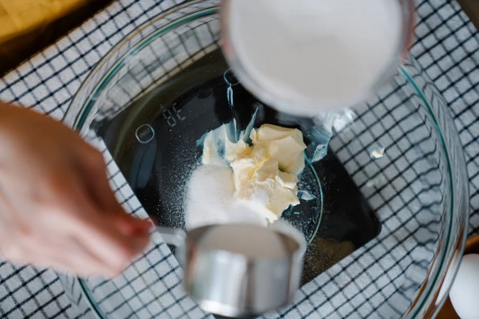 Hands measuring sugar and butter in a bowl for a recipe. Perfect for baking enthusiasts. - best digital kitchen scales for precise baking