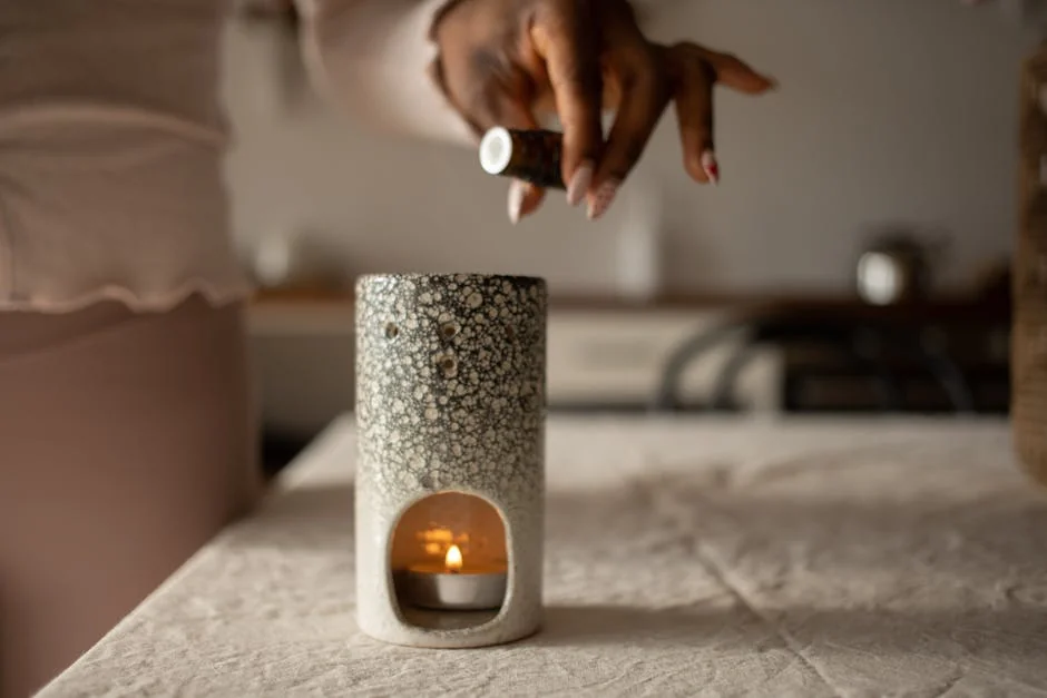 A close-up of a hand pouring essential oil into a diffuser with a lit candle inside, creating a warm ambiance. - best essential oil diffusers for large rooms