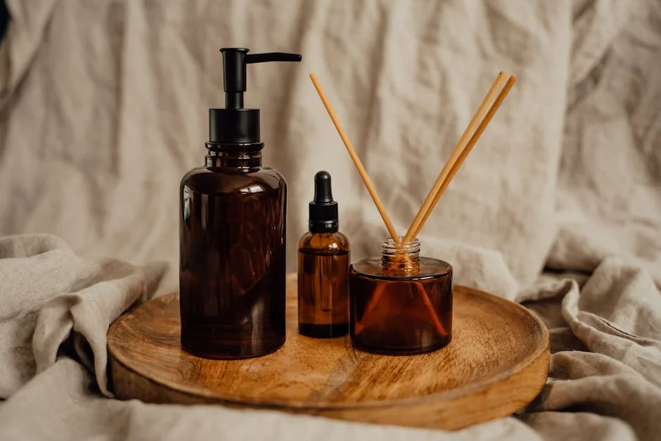 Aesthetic arrangement of amber glass bottles and diffuser sticks on a wooden tray, perfect for spa and relaxation themes. - best essential oil diffusers for large rooms