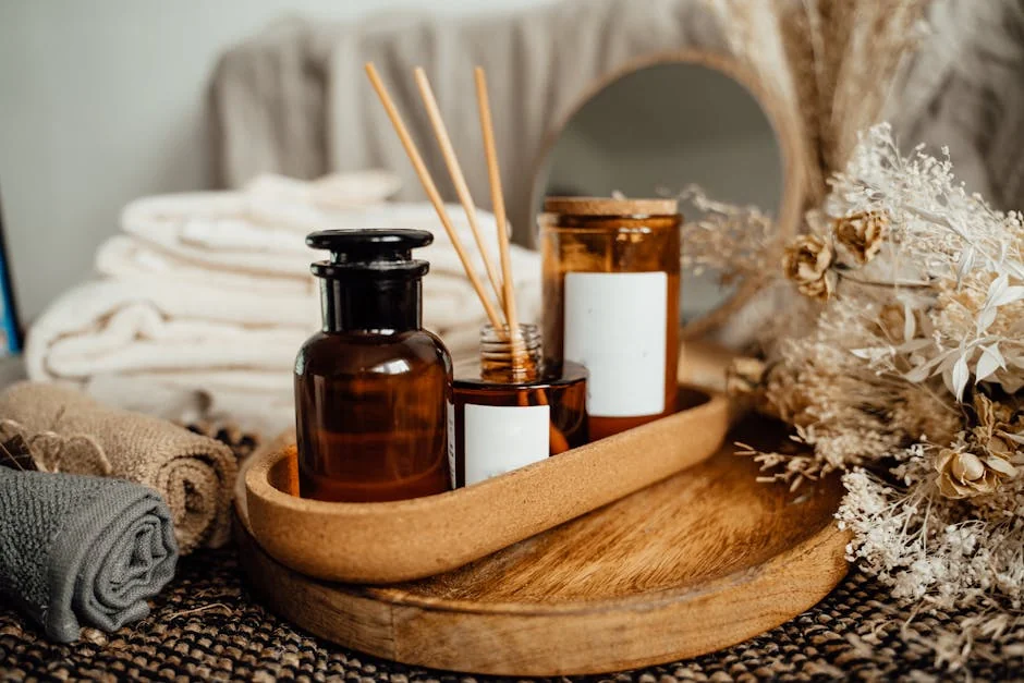 A tranquil spa setup featuring aromatherapy oils, candles, and dried flowers for relaxation. - best essential oil diffusers for large rooms