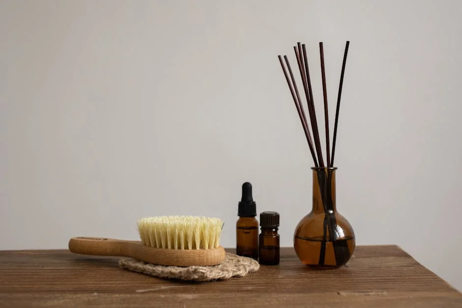 Minimalist aromatherapy set with essential oils, brush, and diffuser sticks on wooden table. - best essential oil diffusers for large rooms