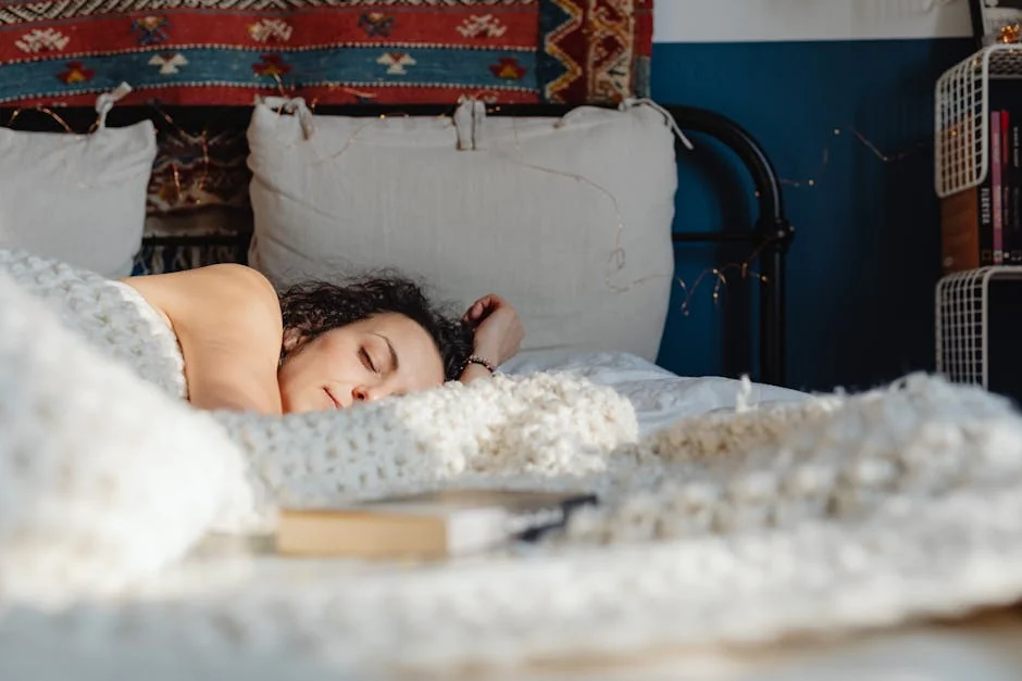 A woman peacefully sleeping on her side in a cozy, sunlit bedroom with decorative elements. - rest relaxation bedroom - best organic cotton bed sheets for hot sleepers