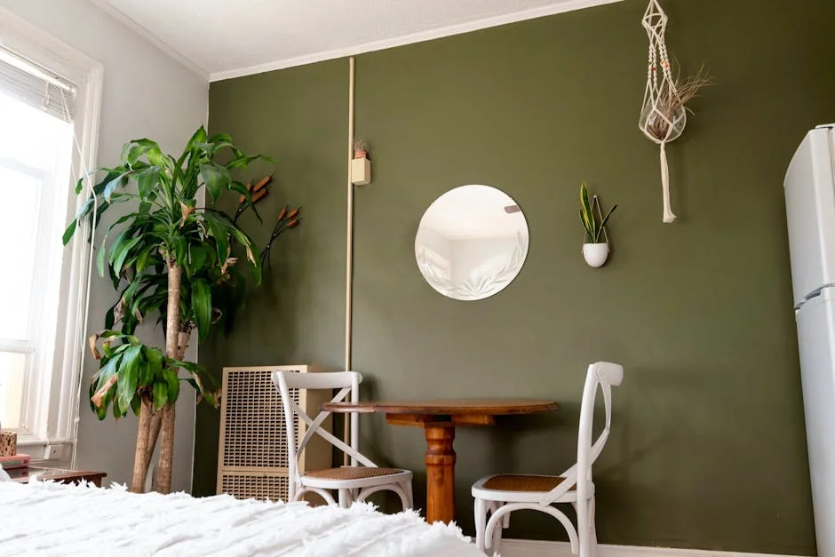 From below of modern room interior with bed and table near fridge and potted tree in flat - best product reviews for small apartments