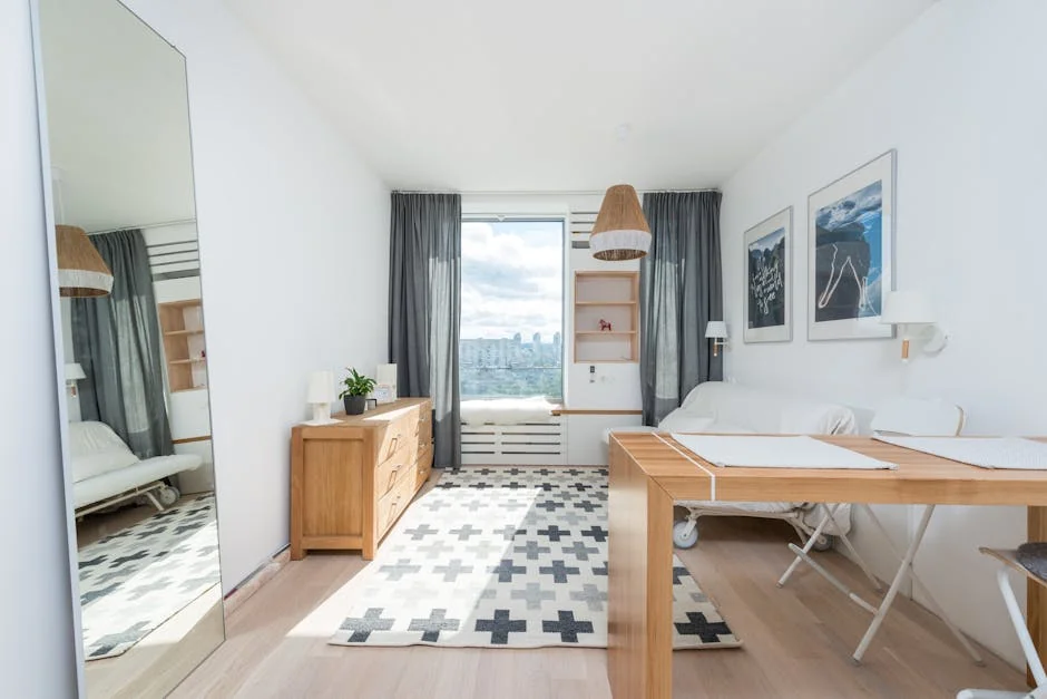 Wooden table and drawer placed in room with big window and wall decorated with pictures in light room with mirror - best product reviews for small apartments