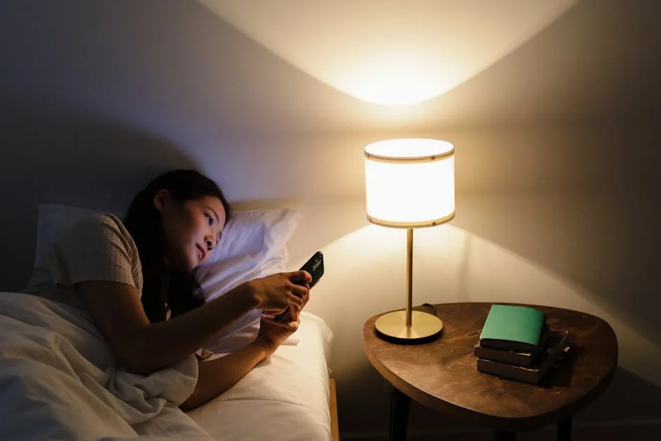 A woman relaxes in bed, using her smartphone beside a lit table lamp in a cozy room. - best reading lamps for bedside tables