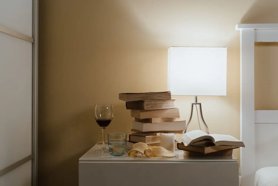 A minimalist bedroom nightstand with books, a lamp, and a glass of wine for a cozy evening vibe. - best reading lamps for bedside tables