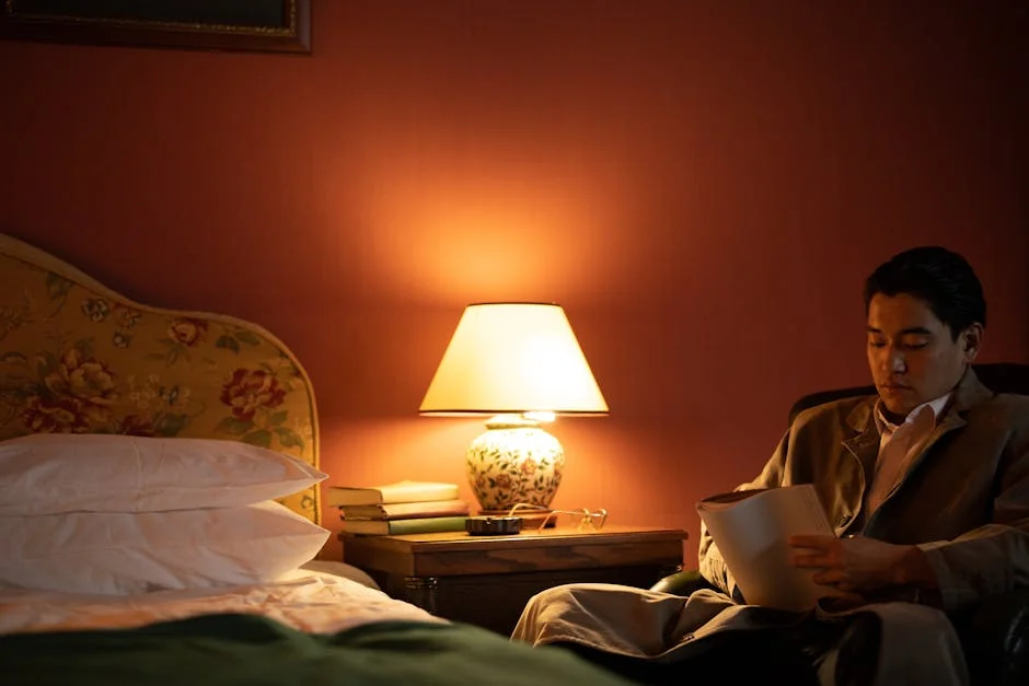 A man sits in a cozy hotel room reading under warm, ambient light. - best reading lamps for bedside tables