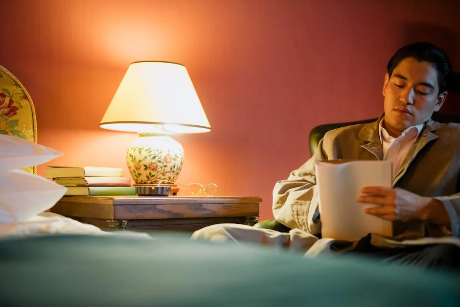 An adult man reads in a warmly lit hotel bedroom with a lamp and bedside table. - best reading lamps for bedside tables