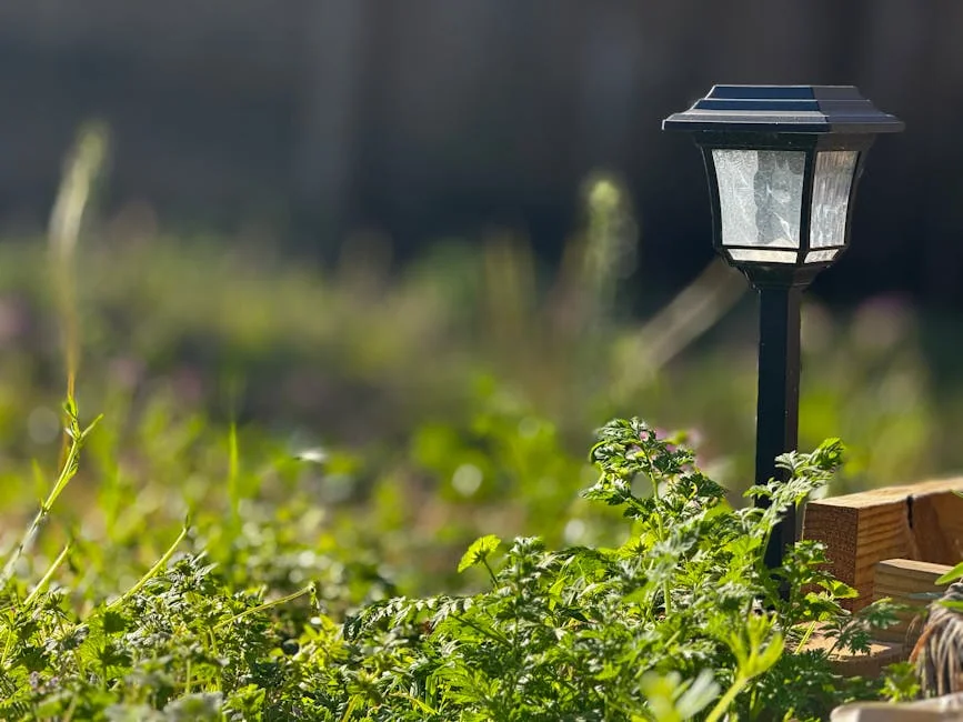 A solar garden lamp amidst lush greenery in a Texas garden during spring. - best solar deck lights for outdoor security