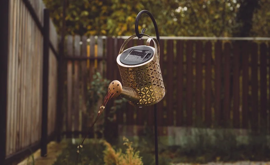 Ornate solar-powered watering can lantern adds charm to a cozy backyard garden setting. - best solar deck lights for outdoor security