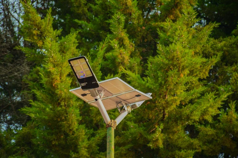 A solar-powered street light set against vibrant green conifer trees, symbolizing sustainable energy. - best solar deck lights for outdoor security
