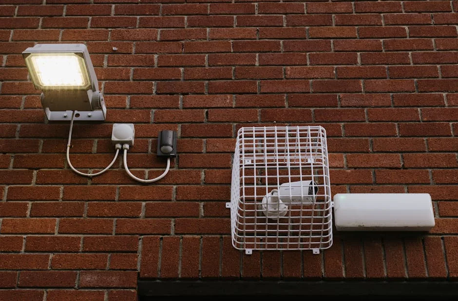 Close-up view of a brick wall featuring a LED light and a caged security camera. - best solar deck lights for outdoor security