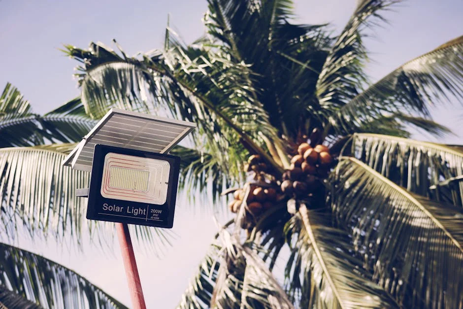 From below of solar light streetlamp with inscription near tall tropical palm tree with green leaves on sunny summer day - best solar deck lights for outdoor security