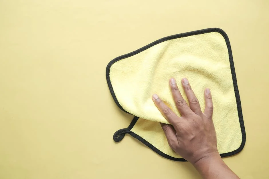 A hand using a microfiber cloth to wipe a yellow background, demonstrating cleaning and hygiene concepts. - most absorbent microfiber cleaning cloths