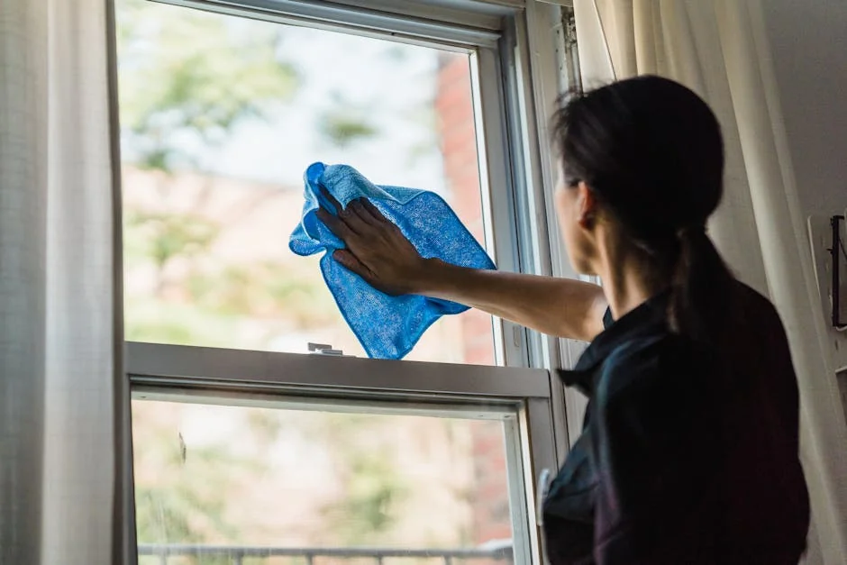 A woman cleans a window using a blue microfiber cloth providing a streak-free shine. - most absorbent microfiber cleaning cloths