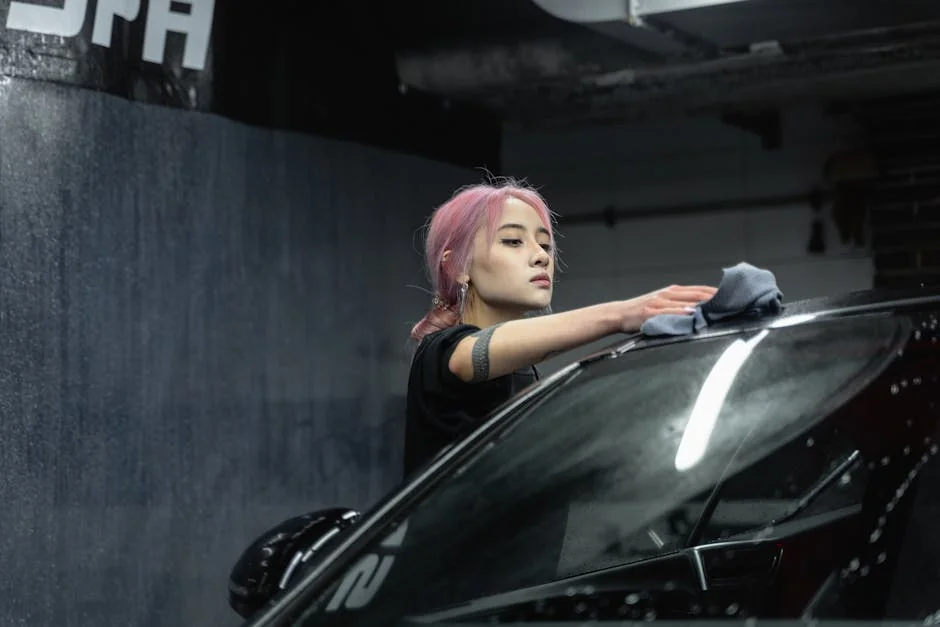 A young woman with pink hair wipes a car windshield with a microfiber cloth indoors. - most absorbent microfiber cleaning cloths