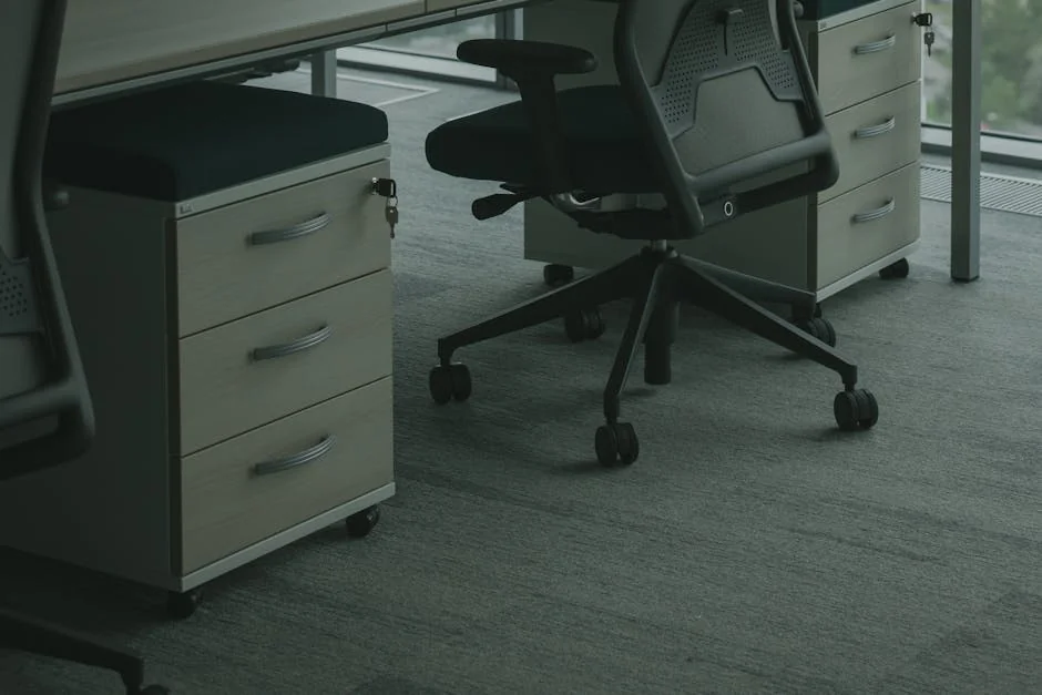 A sleek office setup featuring ergonomic chairs and drawer units in a well-lit space. - top rated ergonomic office chairs for back pain