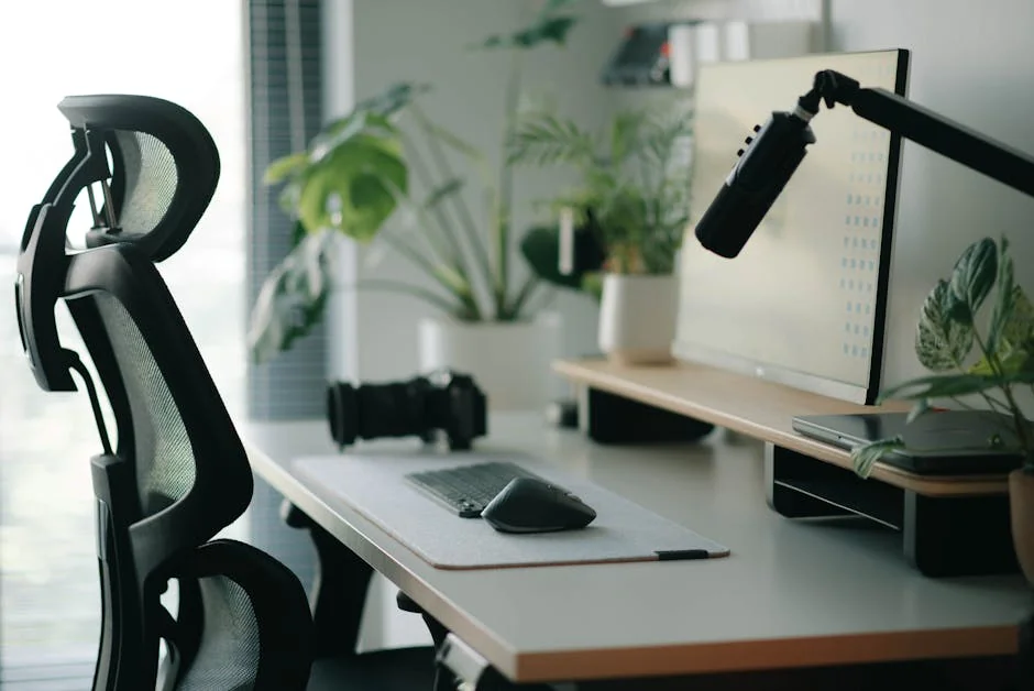 Stylish home office setup with ergonomic chair, plants, and tech accessories creating a modern work environment. - top rated ergonomic office chairs for back pain