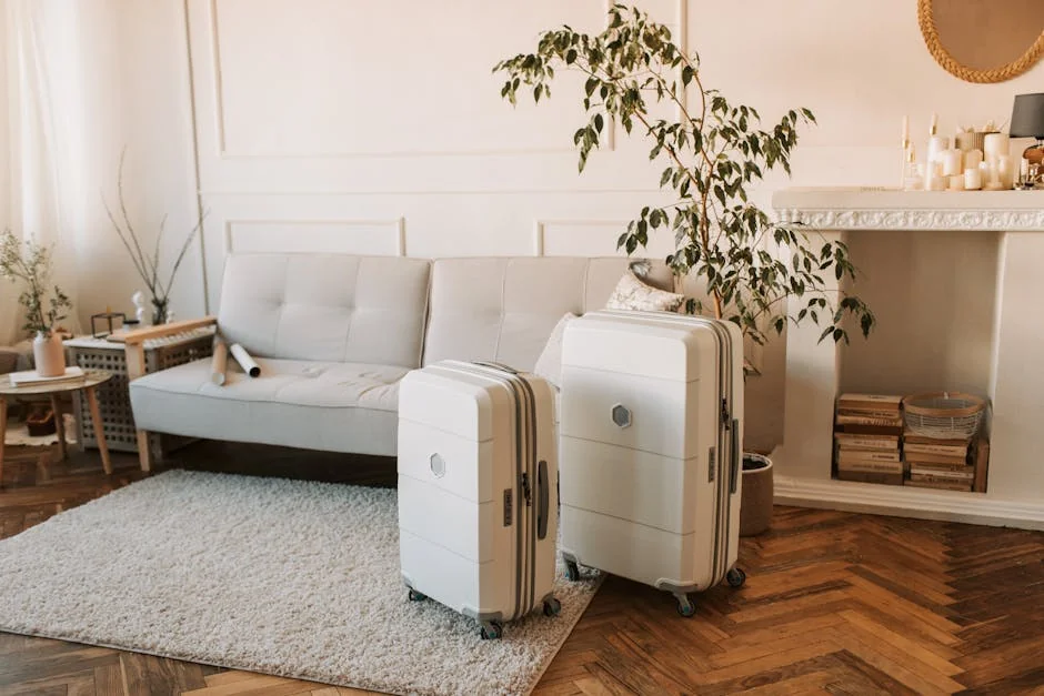 Chic living room interior featuring a stylish sofa and sleek white suitcases. - top rated luggage sets for frequent flyers