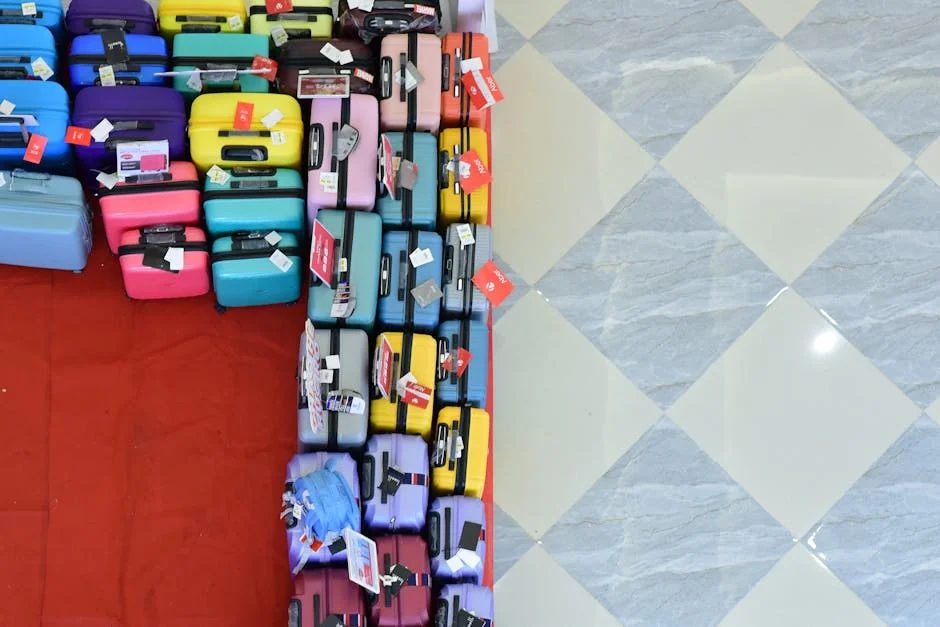 Top view of vibrant suitcases arranged on a checkered floor for sale. - top rated luggage sets for frequent flyers