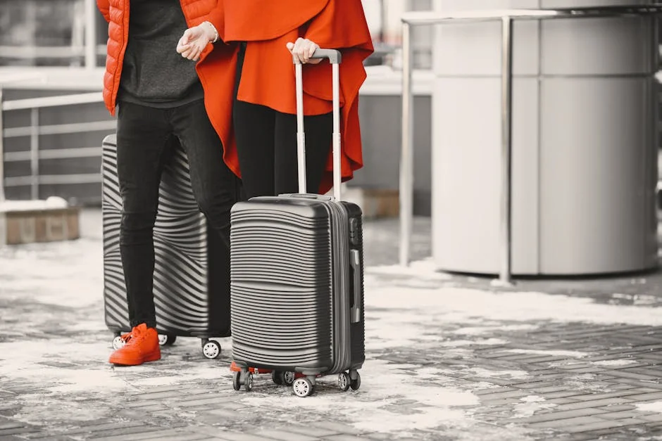 A fashionable couple in winter attire with sleek luggage, standing outdoors on a snowy day. - top rated luggage sets for frequent flyers
