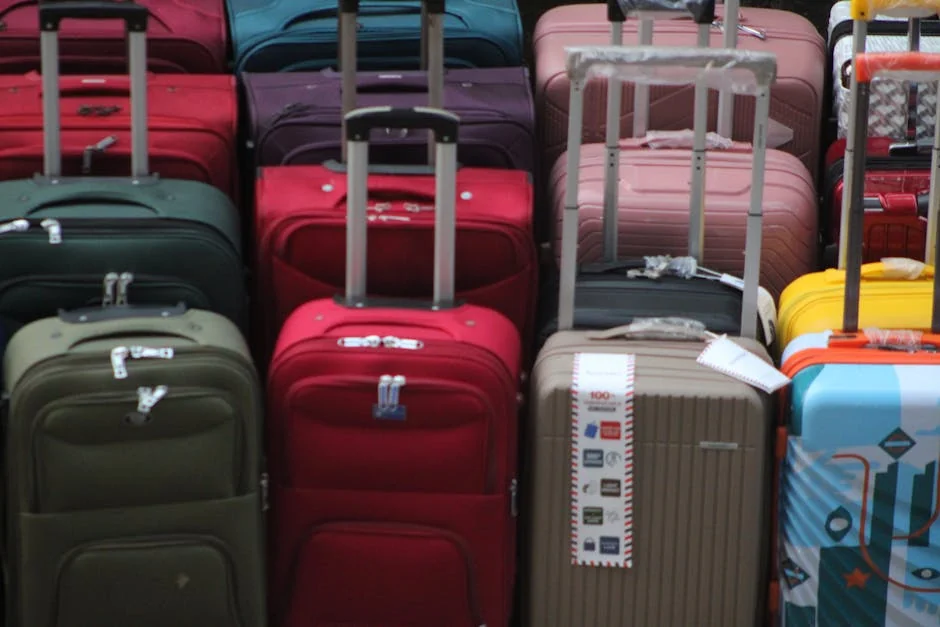 A vibrant collection of various suitcases stacked in preparation for travel. - top rated luggage sets for frequent flyers
