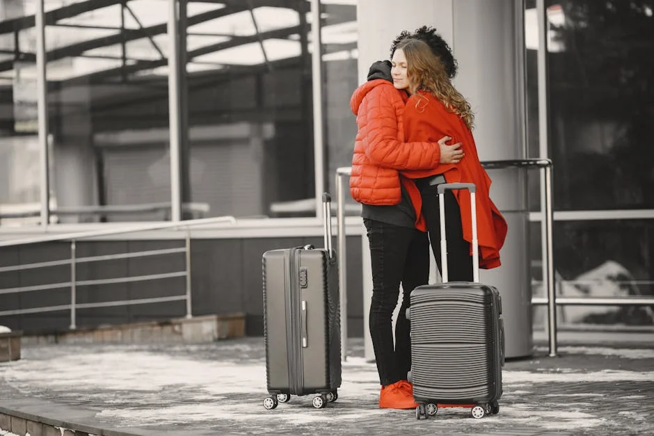 A heartfelt goodbye at the airport with two people hugging and luggage present. - top rated luggage sets for frequent flyers