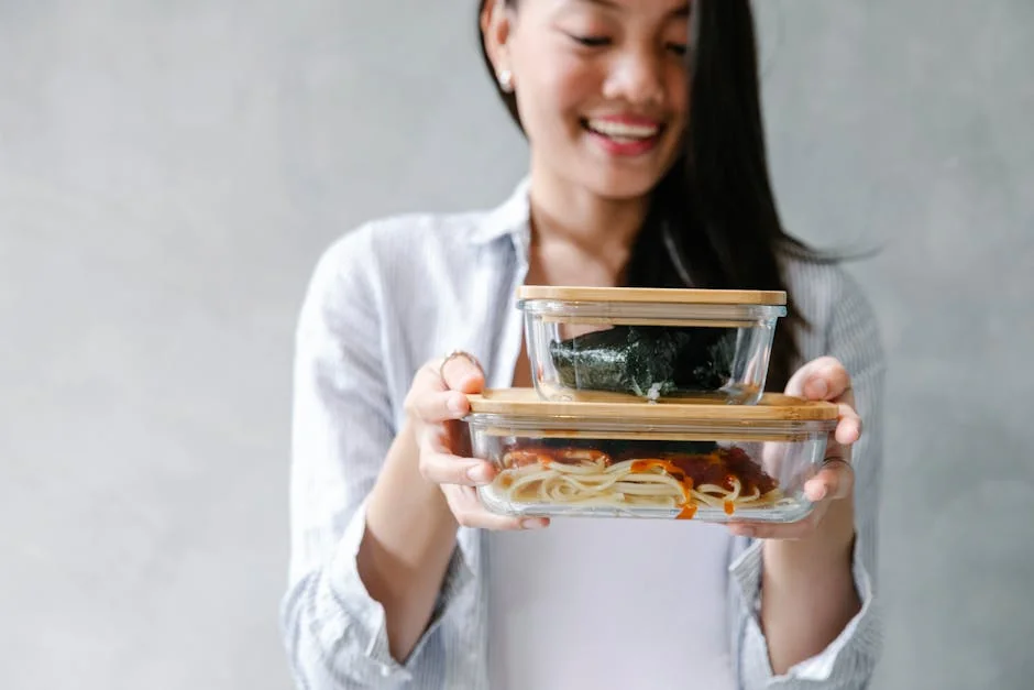 Crop happy ethnic female with onigiri and tasty noodle with sauce on white background - top rated meal prep containers for long term use