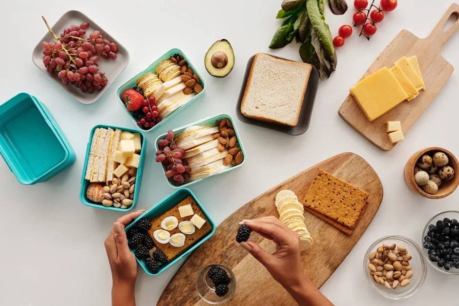 Top view of fresh and nutritious meal preparation with various fruits, nuts, and cheeses. - top rated meal prep containers for long term use