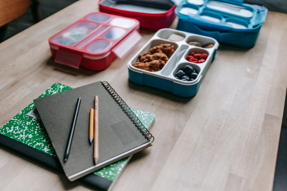 High angle of various containers with food behind notebooks and pencils on wooden table - top rated meal prep containers for long term use