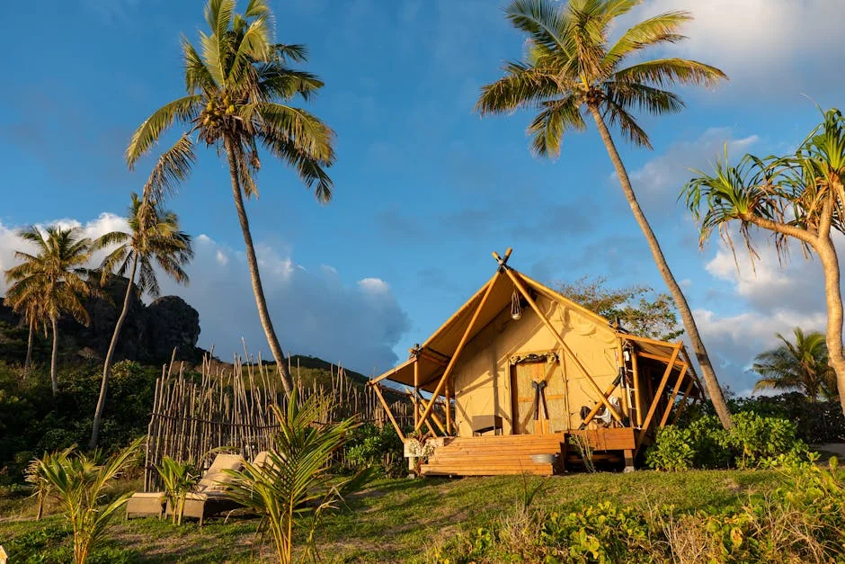 Idyllic glamping tent under palm trees in Fiji perfect for an adventurous retreat. - adventure vacation destination - top rated portable power banks for travel