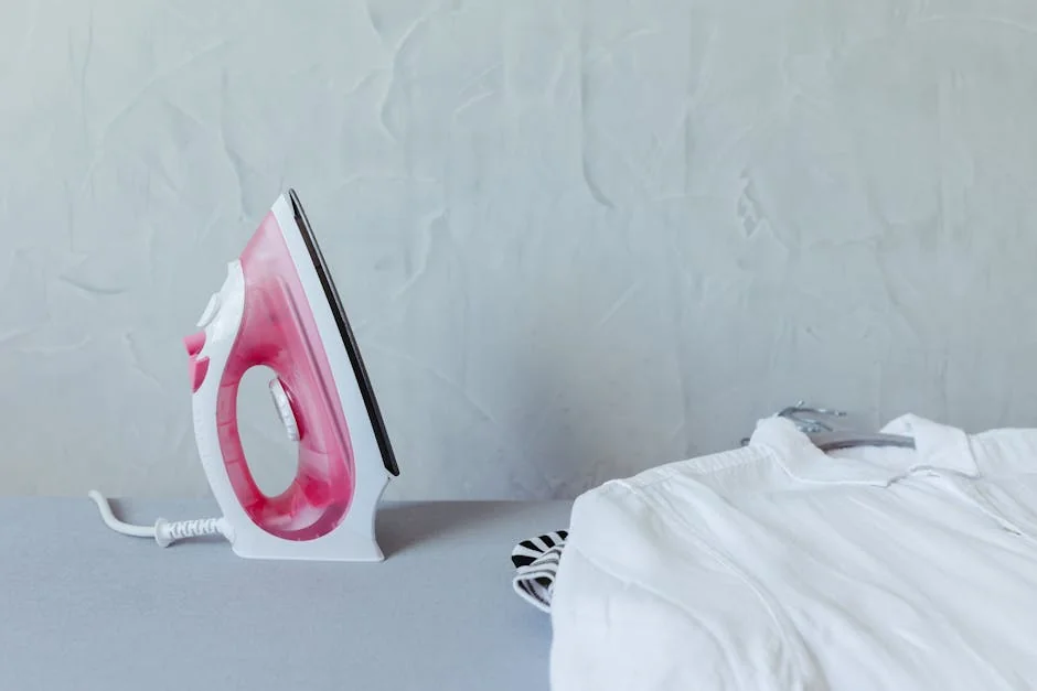 A vibrant pink iron next to a neatly folded white shirt on an ironing board against a textured wall. - top rated steam irons for professional results at home