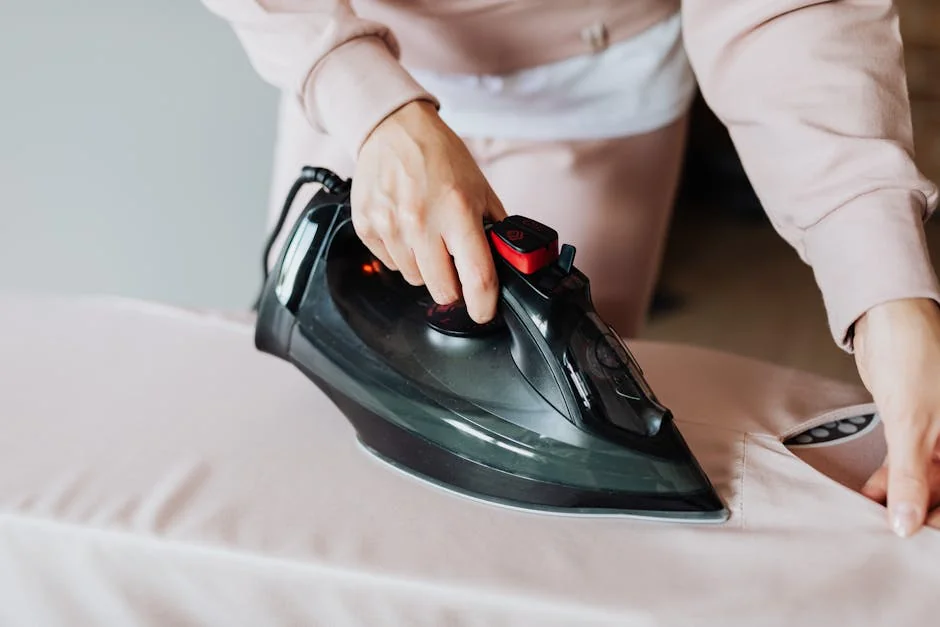 Close-up of a person ironing clothes on a board, emphasizing domestic chores indoors. - top rated steam irons for professional results at home