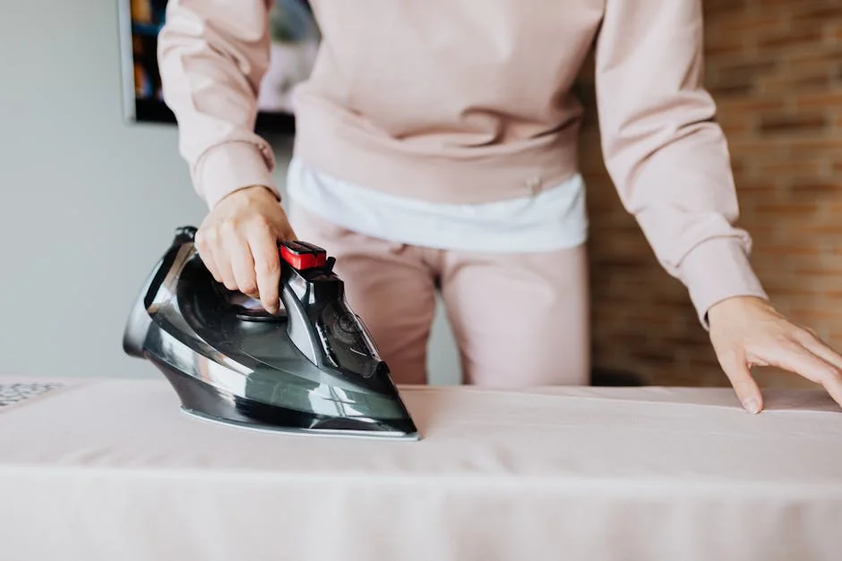 An adult ironing clothes on a board indoors, focusing on housework and fabric care. - top rated steam irons for professional results at home