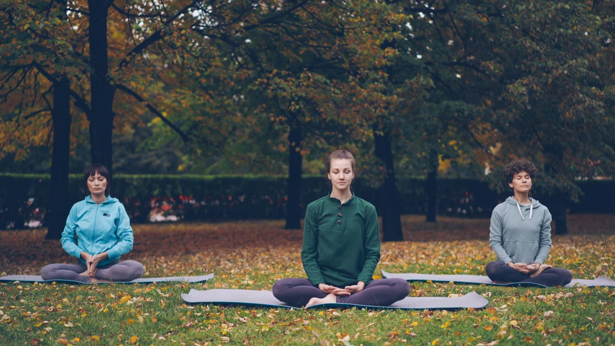 Female yoga instructor is showing stretching exercises then relaxing in lotus position with closed eyes sitting on mats during open-air practice in city park. - meditation wellness relaxation - top rated yoga mats for high intensity workouts